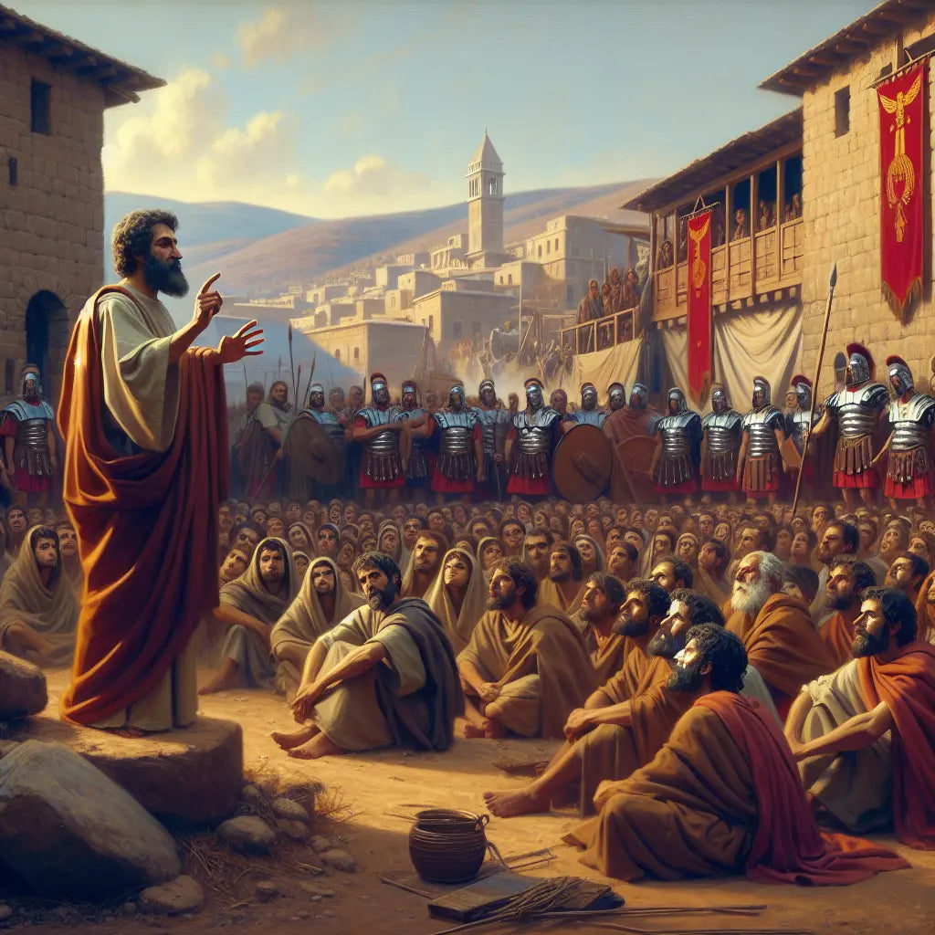 Jesus teaching a crowd on a street in Roman-occupied Judea with Roman soldiers and banners in the background, highlighting the contrast between spiritual message and imperial power.