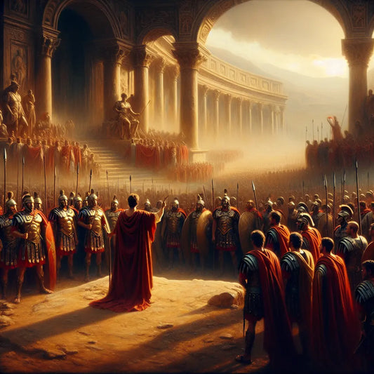 Julius Caesar heroically addresses his Roman legion arranged in battle formation before classic Roman architecture under warm golden sunlight, styled like a 1960s historical epic film.