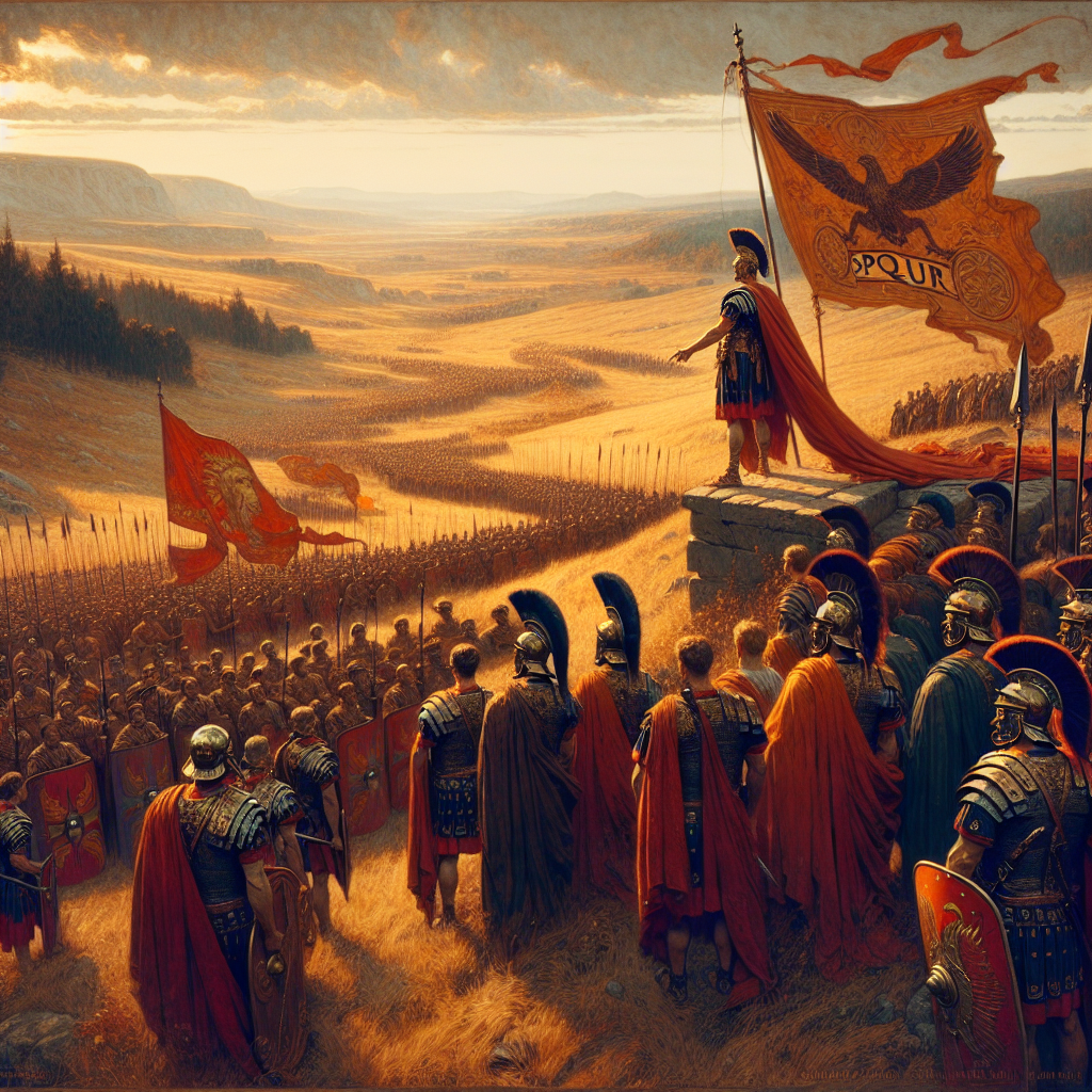 Julius Caesar addressing his legionaries in Roman armor on a battlefield in Gaul under a dramatic, sunlit sky symbolizing conquest, painted in the style of 1960s Roman historical epics.