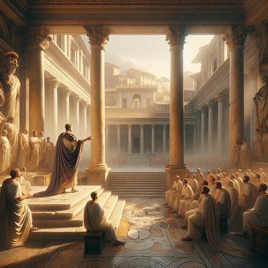 Julius Caesar in purple-trimmed toga addressing the Roman Senate amid grand marble columns and arches, with attentive senators and ancient Roman architecture in warm daylight, styled like a 1960s historical epic painting.