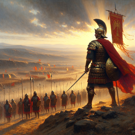 Julius Caesar in commanding armor leads Roman troops marching in formation at dawn on an ancient battlefield filled with smoky haze, depicted in a cinematic 1960s historical epic style.