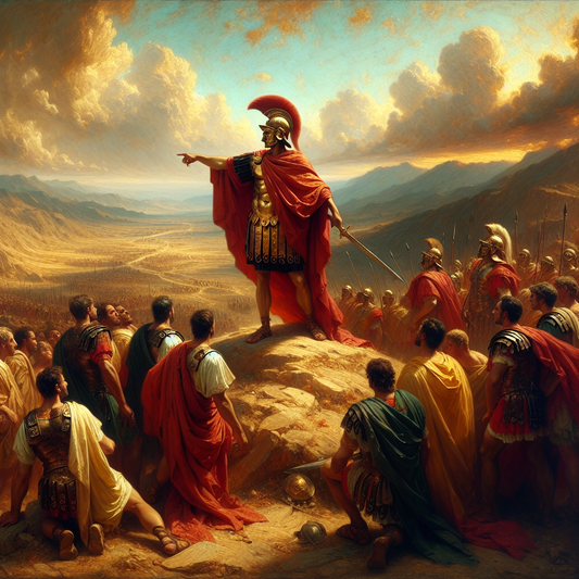 Julius Caesar strategizing with Roman legionaries on an ancient battlefield under dramatic skies, inspired by 1960s Roman historical epics.