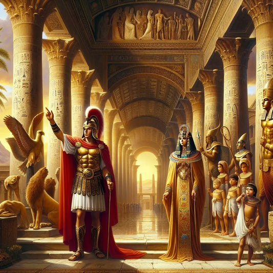 Julius Caesar and Cleopatra with their son Caesarion, surrounded by a blend of Roman and Egyptian symbols and architecture, portrayed in a classical cinematic painting style.