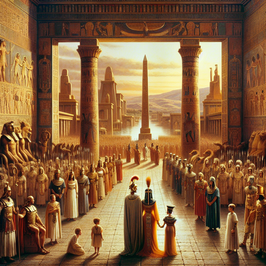 Julius Caesar and Cleopatra with baby Caesarion in a harmonious cultural setting blending Roman arches and Egyptian obelisks under warm sunlight, inspired by 1960s epic historical paintings.
