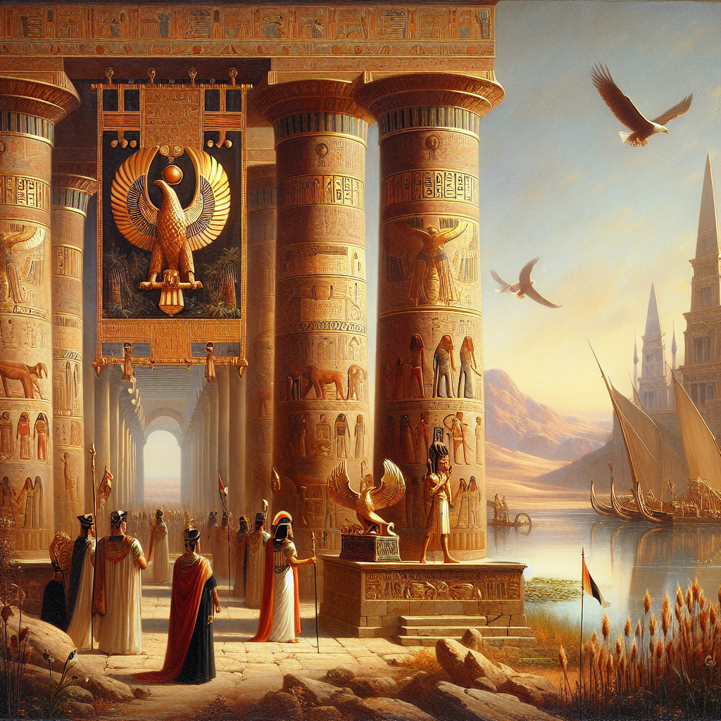 Julius Caesar and Cleopatra in ancient Roman and Egyptian attire standing by the Nile with symbols of power, in a cinematic painting style inspired by 1960s historical epics.
