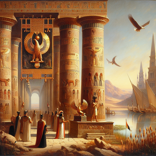 Julius Caesar and Cleopatra in ancient Roman and Egyptian attire standing by the Nile with symbols of power, in a cinematic painting style inspired by 1960s historical epics.