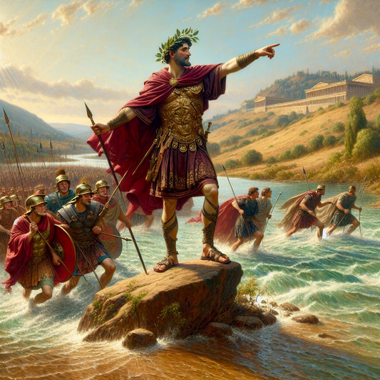 Julius Caesar leading Roman legions in formation as they cross the Rubicon River, set against lush hills and bright sky, in a cinematic historical epic style.