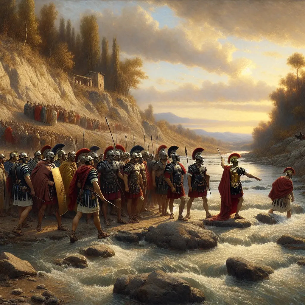 Julius Caesar heroically leading legionaries across the Rubicon River, marking a defiant moment that started the Roman civil war, depicted in a 1960s epic film style.