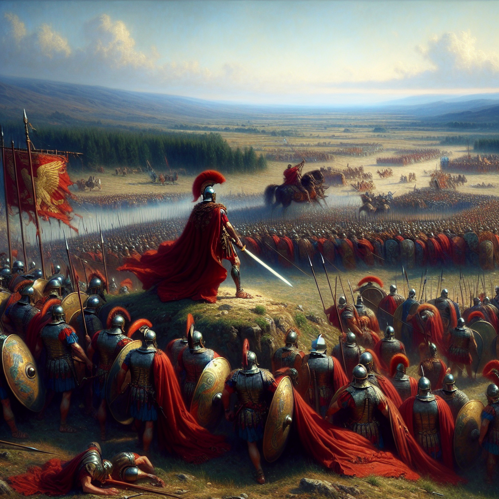 Julius Caesar leading Roman legions in segmented armor across a dusty battlefield in ancient Gaul, with red banners and wooded hills in the background, painted in a cinematic 1960s historical epic style.
