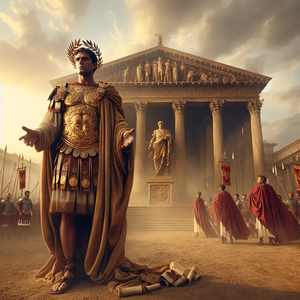 Portrait of Julius Caesar wearing a laurel wreath, standing in front of the Roman Senate with legionaries holding military standards in a cinematic 1960s epic painting style.