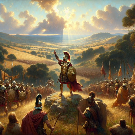 Julius Caesar leads Roman legions against Gaulish warriors on a dramatic battlefield, in a cinematic style reminiscent of 1960s historical epics.