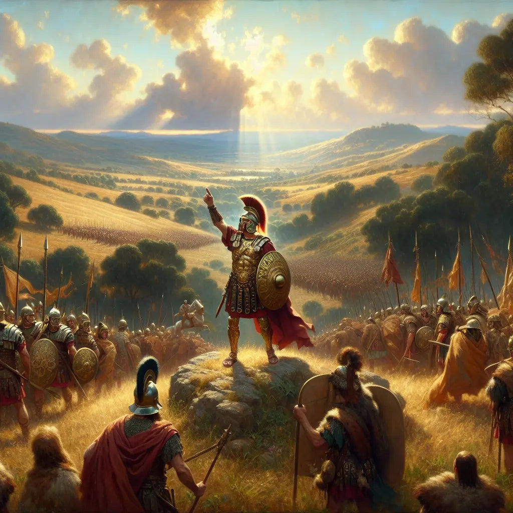 Julius Caesar leads Roman legions against Gaulish warriors on a dramatic battlefield, in a cinematic style reminiscent of 1960s historical epics.