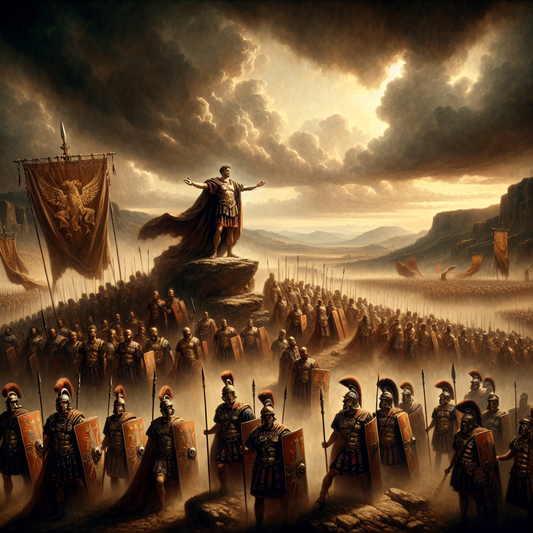 Julius Caesar leads Roman legionaries of Legio III Gallica carrying bull-emblem banners on an ancient battlefield under dark storm clouds, painted in the style of 1960s Roman historical epics.