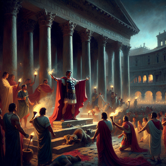Julius Caesar standing on the Rostra during the Lupercalia festival in ancient Rome, surrounded by a torchlit crowd and senators, capturing the tension as he refuses the crown.