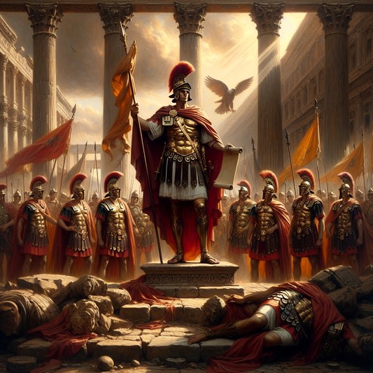 Julius Caesar in Roman armor stands confidently among legionnaires holding eagle standards and laurel wreaths, with ancient Roman ruins and a dramatic sky in the background, painted in a 1960s historical epic style.