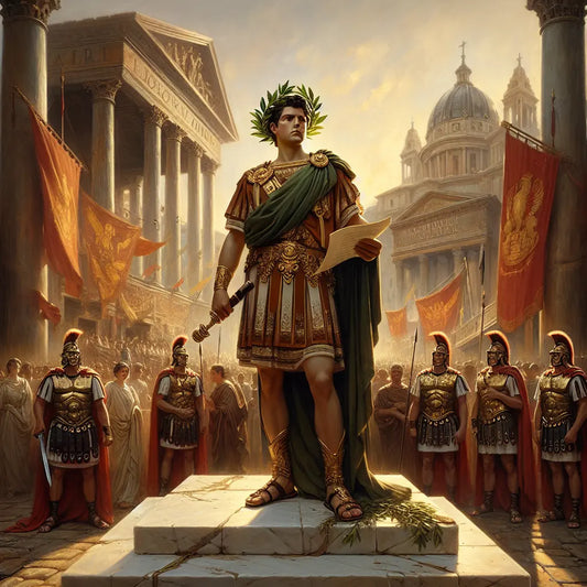 Julius Caesar wearing a laurel wreath stands proudly before ancient Roman architecture and banners, surrounded by legionaries in red cloaks in a cinematic historical painting style.
