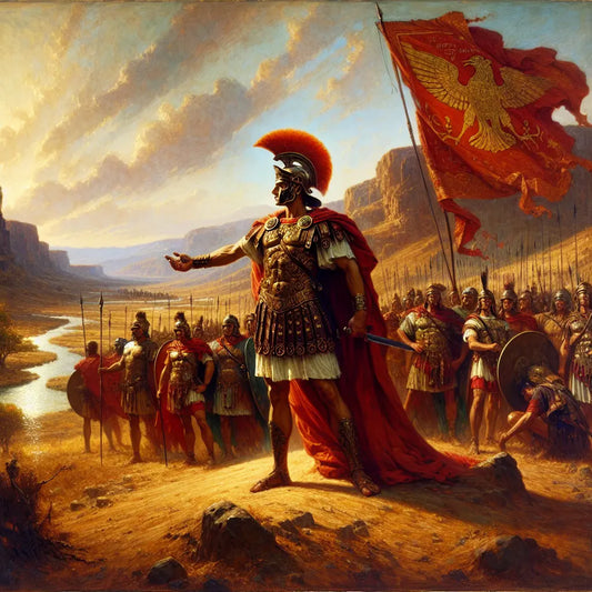 Julius Caesar leads Roman legions on an ancient battlefield near the Rubicon River, with banners fluttering and a dramatic sky, painted in the style of 1960s historical epics.