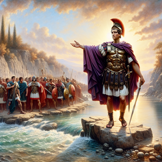 Julius Caesar standing confidently at the edge of the Rubicon River, with Roman soldiers behind him poised for crossing, styled after classic 1960s historical epics.