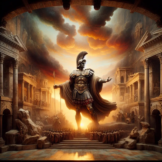 A majestic statue of Julius Caesar in Roman military armor stands prominently with the Roman Forum in the background bathed in the warm hues of sunset, evoking power and legacy in the style of 1960s historical epics.