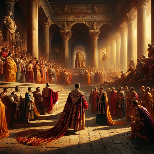 Julius Caesar signaling Mark Antony to stand on his right amid Roman senators, set against classical Roman architecture with a tense political atmosphere, in the style of 1960s historical epics.