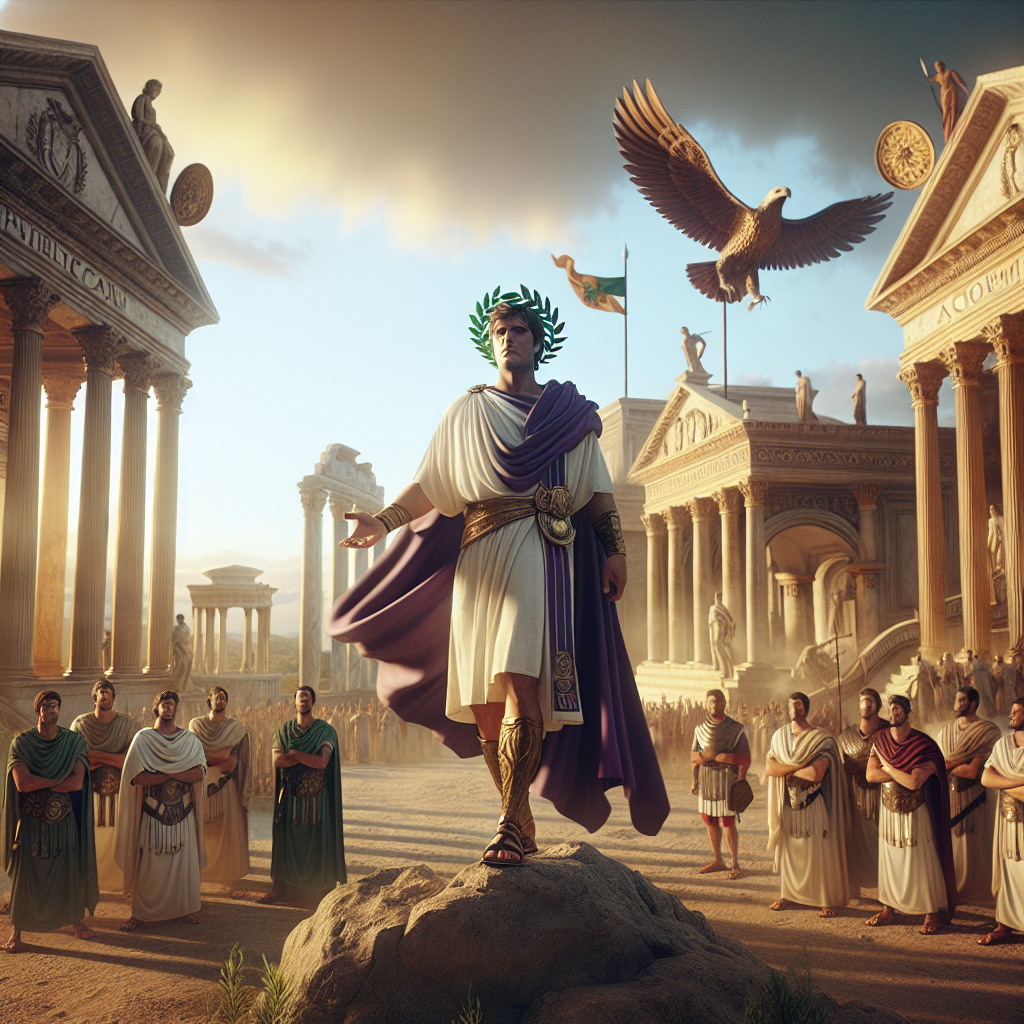 Julius Caesar wearing a green laurel wreath and Roman tunic stands proudly in the Roman Forum with marble columns and a Roman eagle standard in the background, painted in a cinematic 1960s epic style.
