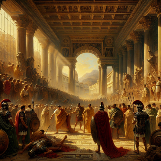 A cinematic 1960s-style painting of a Roman theatrical stage backdrop showing Julius Caesar, Roman soldiers, and senators debating amid Roman architecture, symbolizing fate and betrayal.