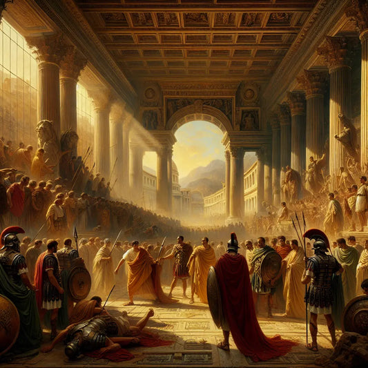 A cinematic 1960s-style painting of a Roman theatrical stage backdrop showing Julius Caesar, Roman soldiers, and senators debating amid Roman architecture, symbolizing fate and betrayal.