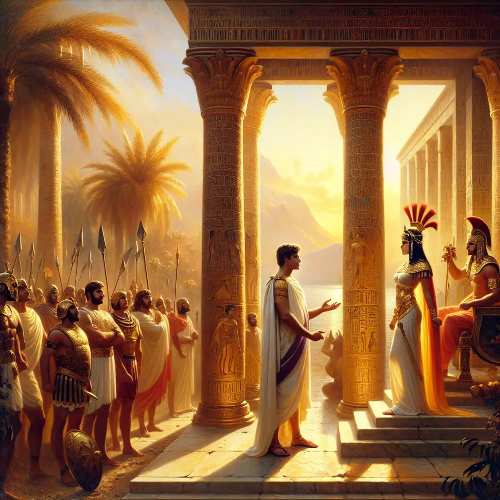 Julius Caesar and Cleopatra meet in an ancient Egyptian setting, surrounded by Roman and Egyptian architecture and attendants, in a cinematic painting style inspired by 1960s historical epics.