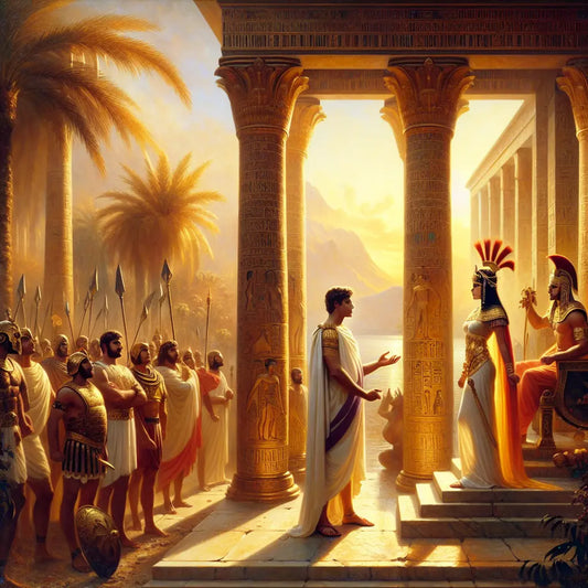 Julius Caesar and Cleopatra meet in an ancient Egyptian setting, surrounded by Roman and Egyptian architecture and attendants, in a cinematic painting style inspired by 1960s historical epics.