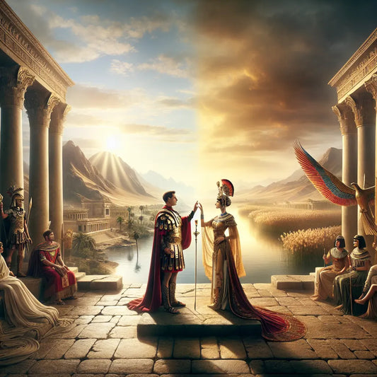 Julius Caesar and Cleopatra in a cinematic historical scene blending ancient Roman architecture with the Nile river backdrop, painted in warm tones reflecting their alliance and romance.