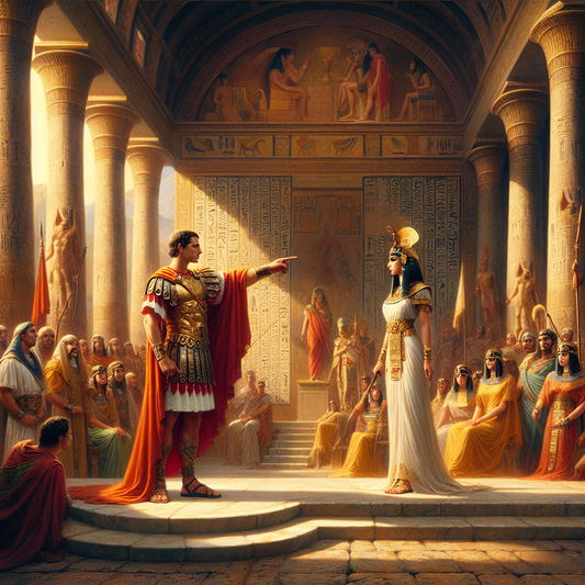 Julius Caesar and Cleopatra VII meeting heroically on the banks of the Nile, surrounded by Roman and Egyptian architecture, styled after 1960s historical epic films.