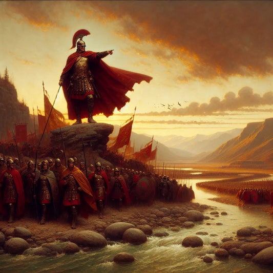 Julius Caesar leading his legion across the Rubicon River under dramatic skies, banners flying, in a cinematic 1960s Roman epic painting style.