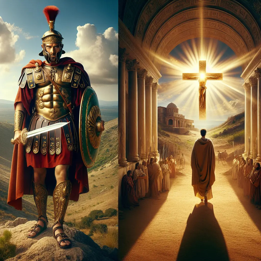 Julius Caesar in Roman armor holding a gladius sword, merging with a serene depiction of Jesus Christ with a glowing cross, symbolizing power and faith across history in a cinematic painting style.