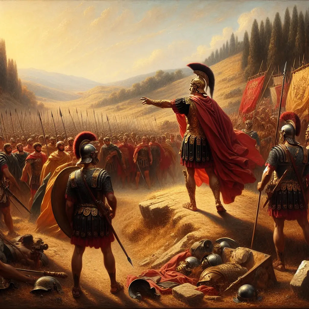 Julius Caesar heroically leading Roman legions into battle during the Gallic Wars, set on an ancient battlefield with rolling hills and war-torn landscape, painted in the style of 1960s historical epics.