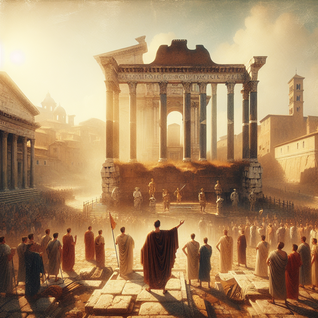 Julius Caesar addressing the Roman Senate in the bustling Roman Forum, surrounded by senators and legionaries, in a warm, painterly style inspired by 1960s historical epics.