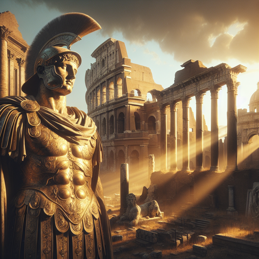 A majestic statue of Julius Caesar in Roman military armor with ancient Roman architectural ruins bathed in golden sunlight in the background, evoking power and legacy.