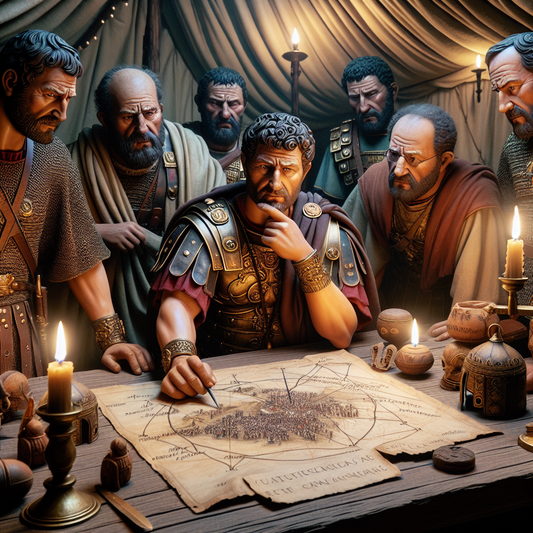 Julius Caesar in a military tent surrounded by generals, planning for the Gallic Wars.