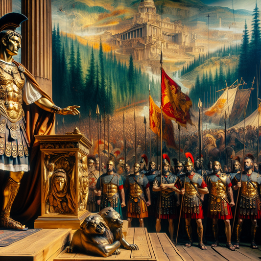 Julius Caesar leading his troops in a battle scene in Gaul.
