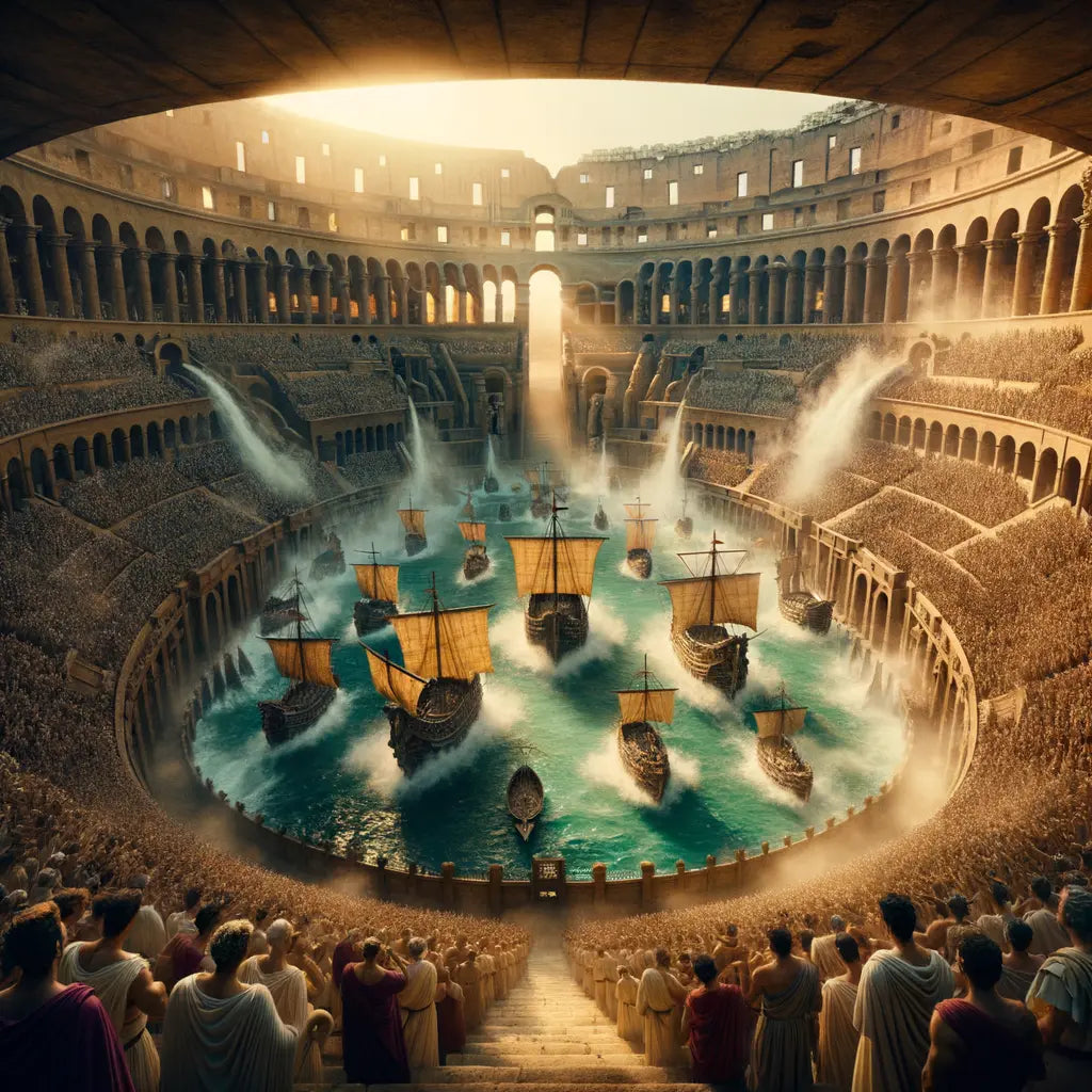 Ancient Roman naval battle inside the Colosseum with spectators, capturing the grandeur and scale reminiscent of 1960s historical film epics.