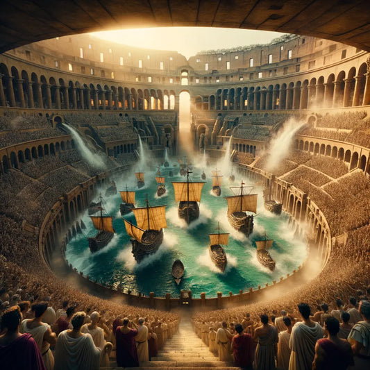 Ancient Roman naval battle inside the Colosseum with spectators, capturing the grandeur and scale reminiscent of 1960s historical film epics.