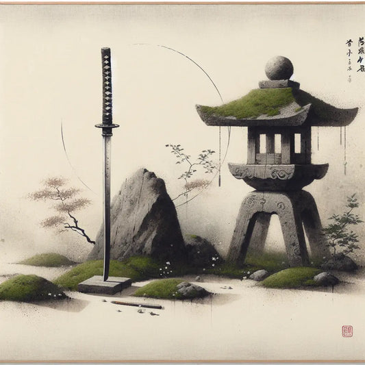 A serene traditional Japanese scene with a weathered katana by a stone lantern in a zen garden, subtle ink brush symbols representing stoic philosophy, soft natural light and drifting sakura petals, minimalist and peaceful.