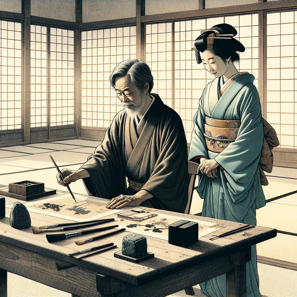 Ukiyo-e style image of Katsushika Ōi and her father Hokusai painting together, dressed in traditional Edo period kimono with classic Japanese art tools in a serene studio setting.