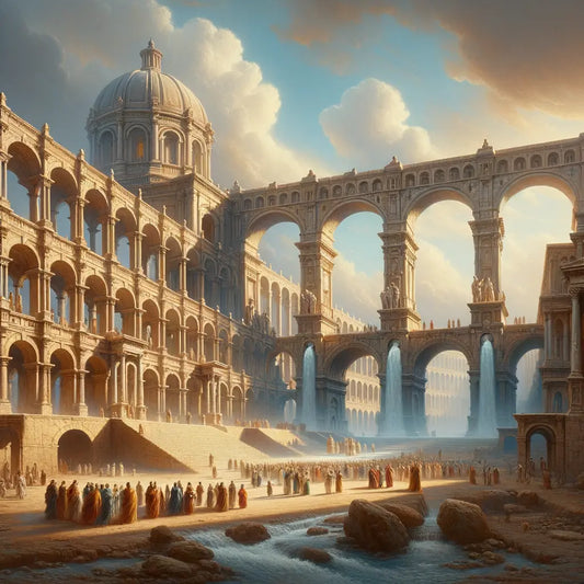 Panoramic view of grand Roman architecture with arches, domes, and aqueducts under a blue sky, inspired by 1960s epic film style.