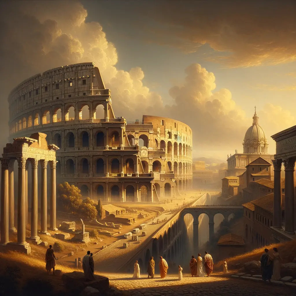 Painting of ancient Roman architecture, featuring the Colosseum, aqueducts, and temples alongside modern buildings, in a 1960s historical epic style.