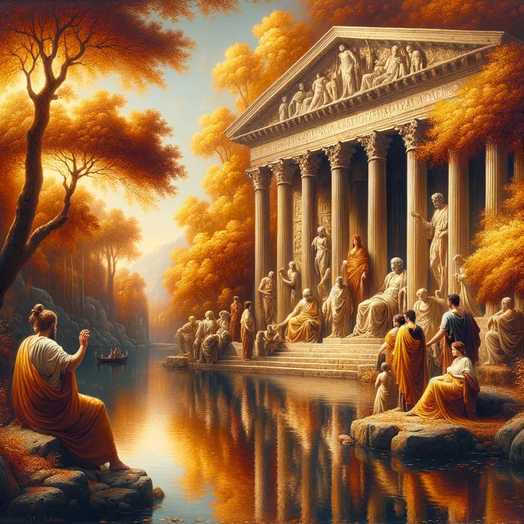 Autumnal serene lake reflecting golden trees and Roman ruins, inspired by 1960s historical films.