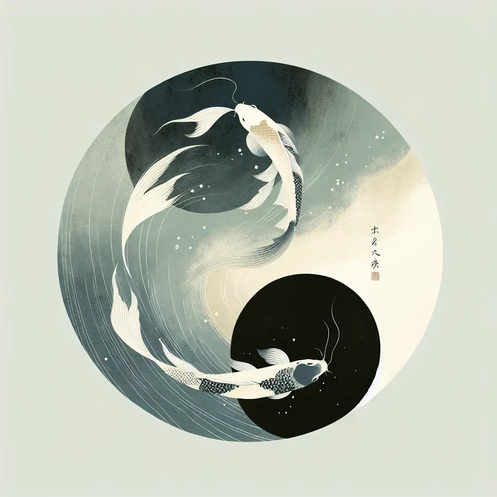 Minimalist Japanese illustration of two koi fish swimming in a circle symbolizing yin and yang, with a soft night and day background in serene, harmonious colors.