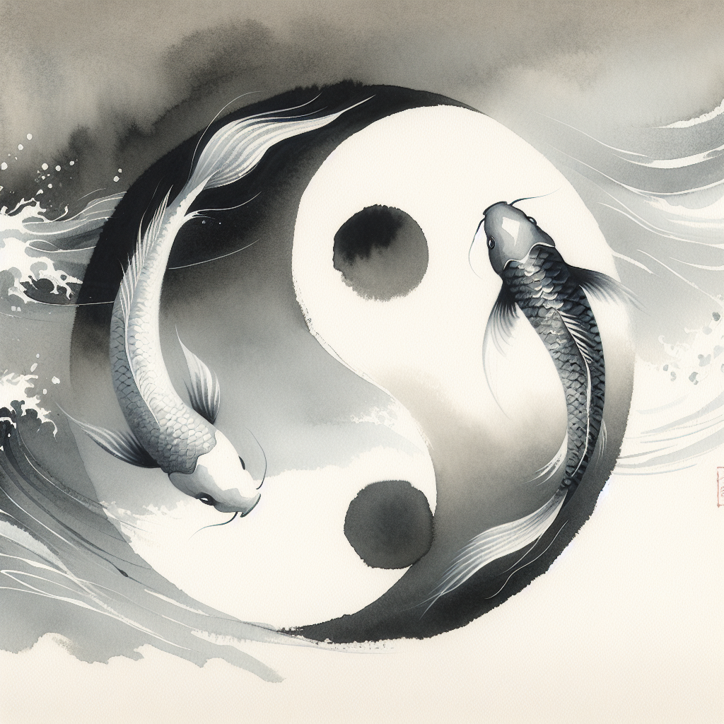 Two koi fish swimming in a perfect Yin and Yang circle, depicted in a minimalist traditional Japanese style with soft light and flowing water, symbolizing harmony and balance.
