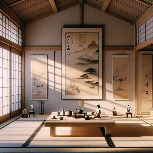 A minimalist Japanese interior with a soft shoji screen depicting KonoSuba characters in a traditional ink-painting style, surrounded by subtle anime figurines in a calm, serene room.