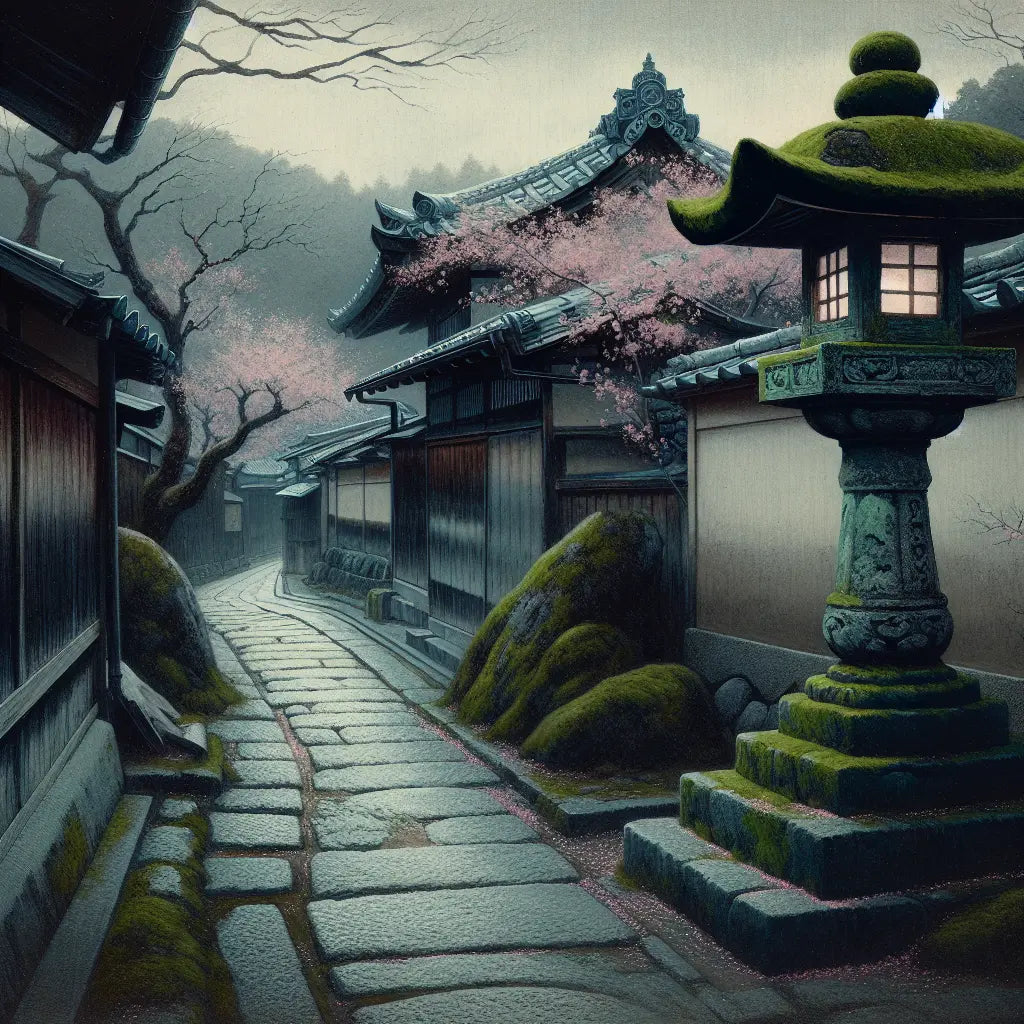 A serene traditional Kyoto alley at dusk with a softly lit moss-covered stone lantern surrounded by raked gravel and fallen cherry blossom petals, rendered in a minimalistic Japanese style.