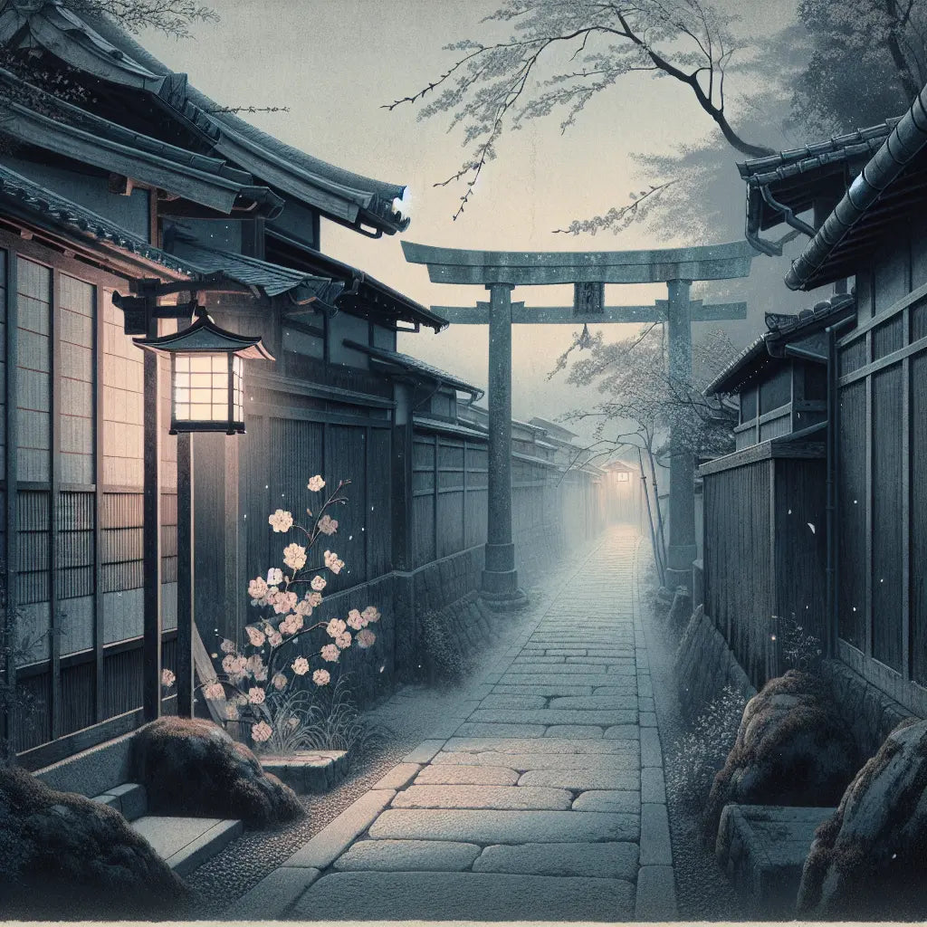 A tranquil Kyoto alley at night featuring a wooden torii gate softly lit by a paper lantern, a cherry blossom branch with drifting petals, and aged wooden walls bathed in muted traditional colors.